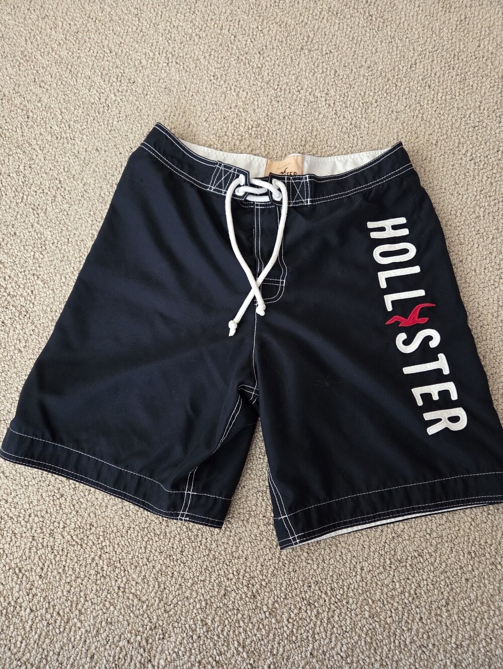 Hollister Classic Look Medium Men's Navy Swim Shorts with White Drawstring